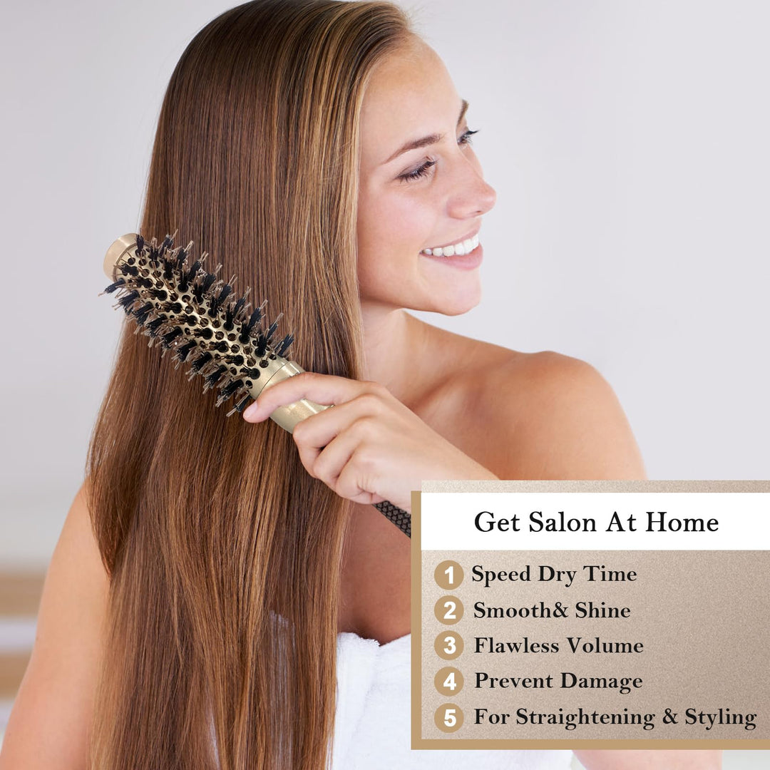 Nano Technology Thermal Ceramic & lonic Round Barrel Hair Brush with Natural Boar Bristle for Blow Drying, Curling, Styling, Straightening ,1 inch