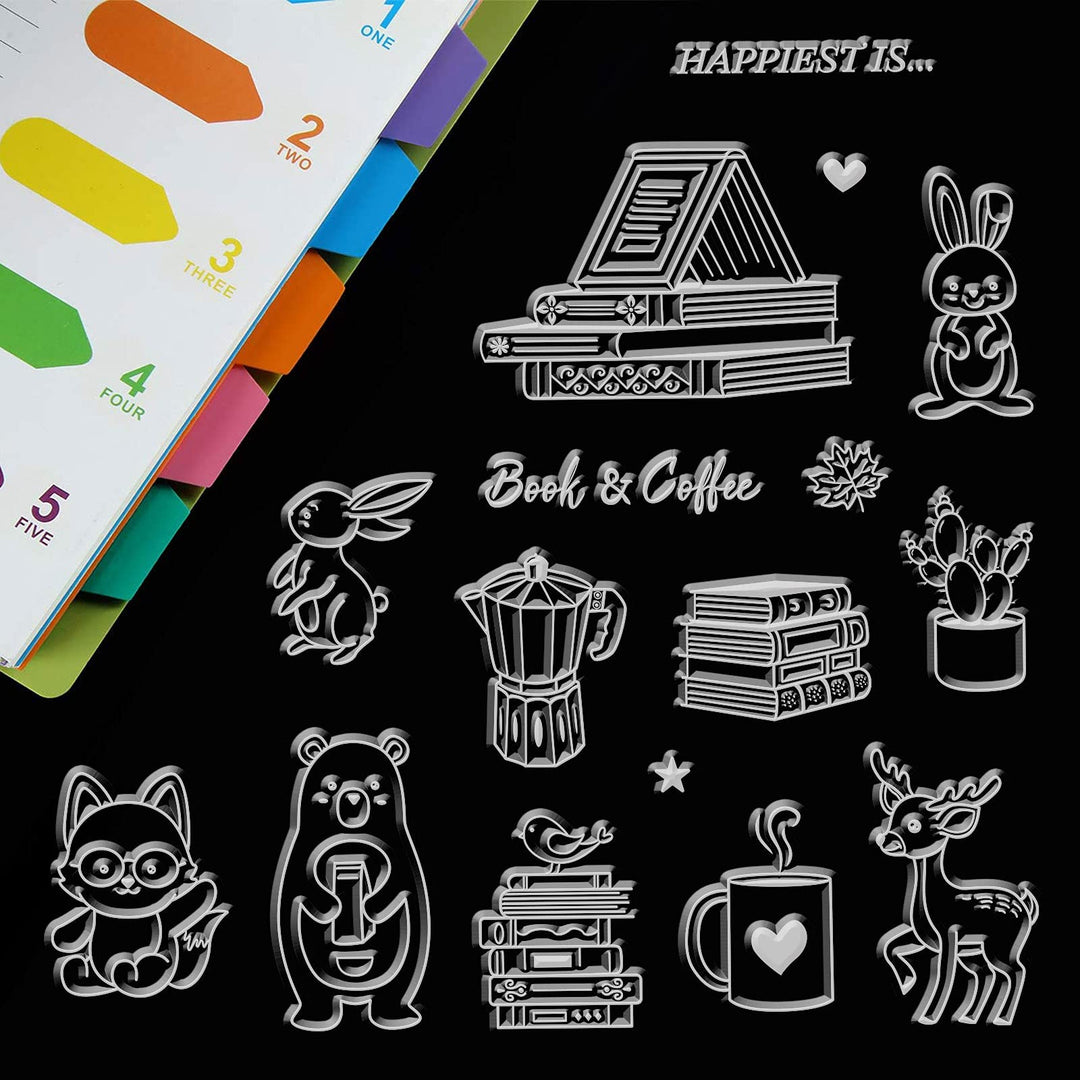 Animals and Books Silicone Clear Stamps with Coffee Cups Shape for Card Making DIY Scrapbooking Photo Album Decoration Paper Craft,6.3x4.3 Inches