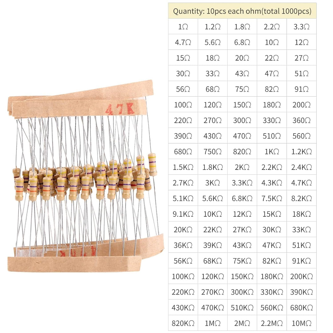 100Values 1000pcs 1-10M ohm 1/2W Resistor Kit Carbon Film Resistor Assortment Kit