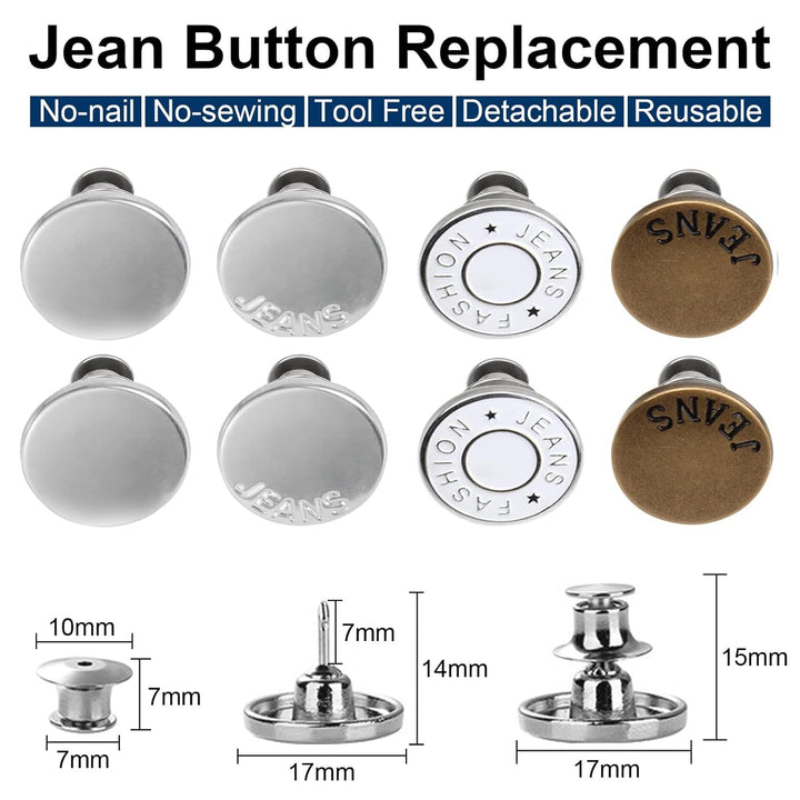 Upgraded 8 Sets Button Pins for Loose Jeans Pants, No Sew No Tool Jean Button Tightener Replacement Adjustable Reusable Metal Clips Snap Tack, Instant Reduce Too Big Pants Waist