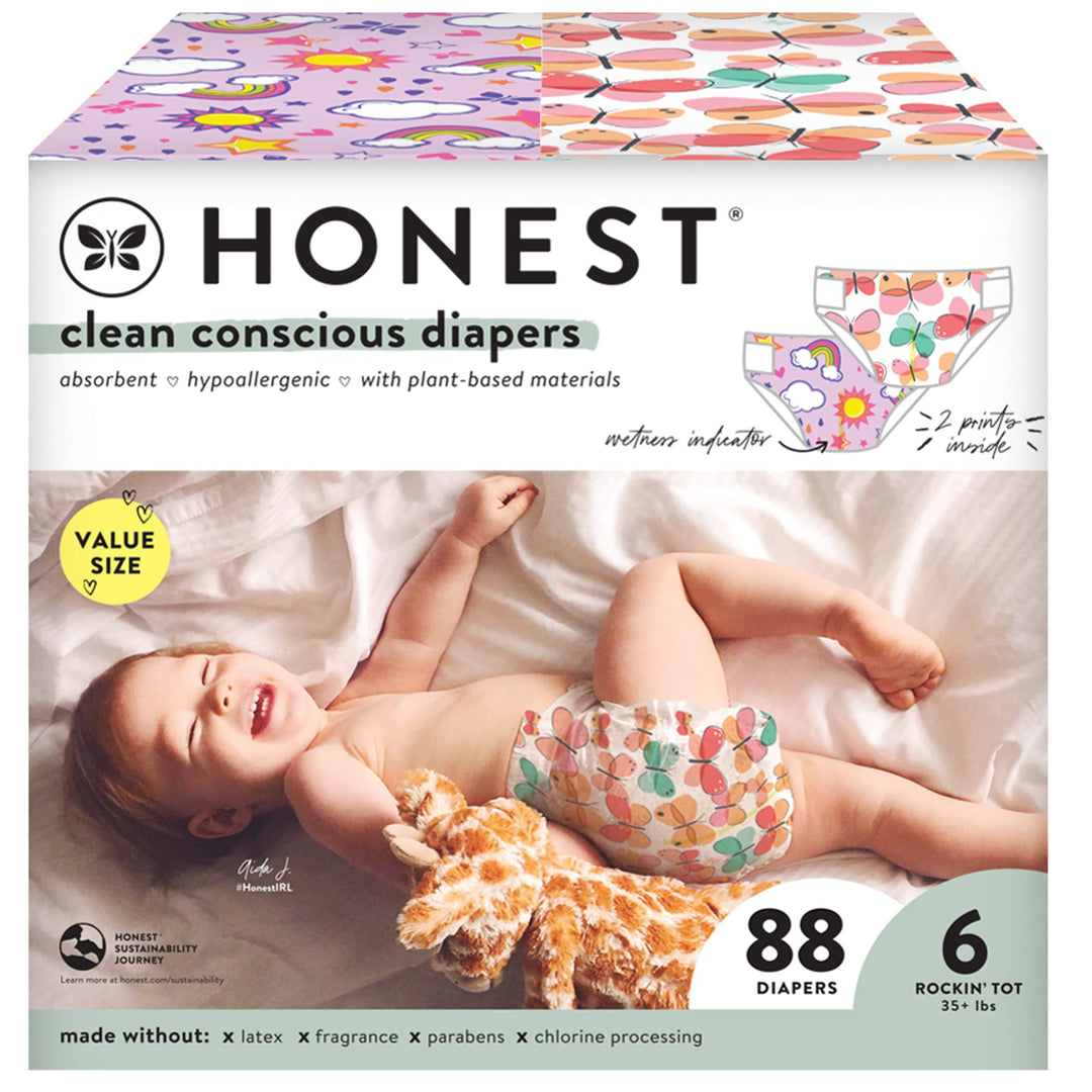 Clean Conscious Diapers | Plant-Based, Sustainable | Sky's the Limit + Wingin It | Super Club Box, Size 6 (35+ lbs), 88 Count