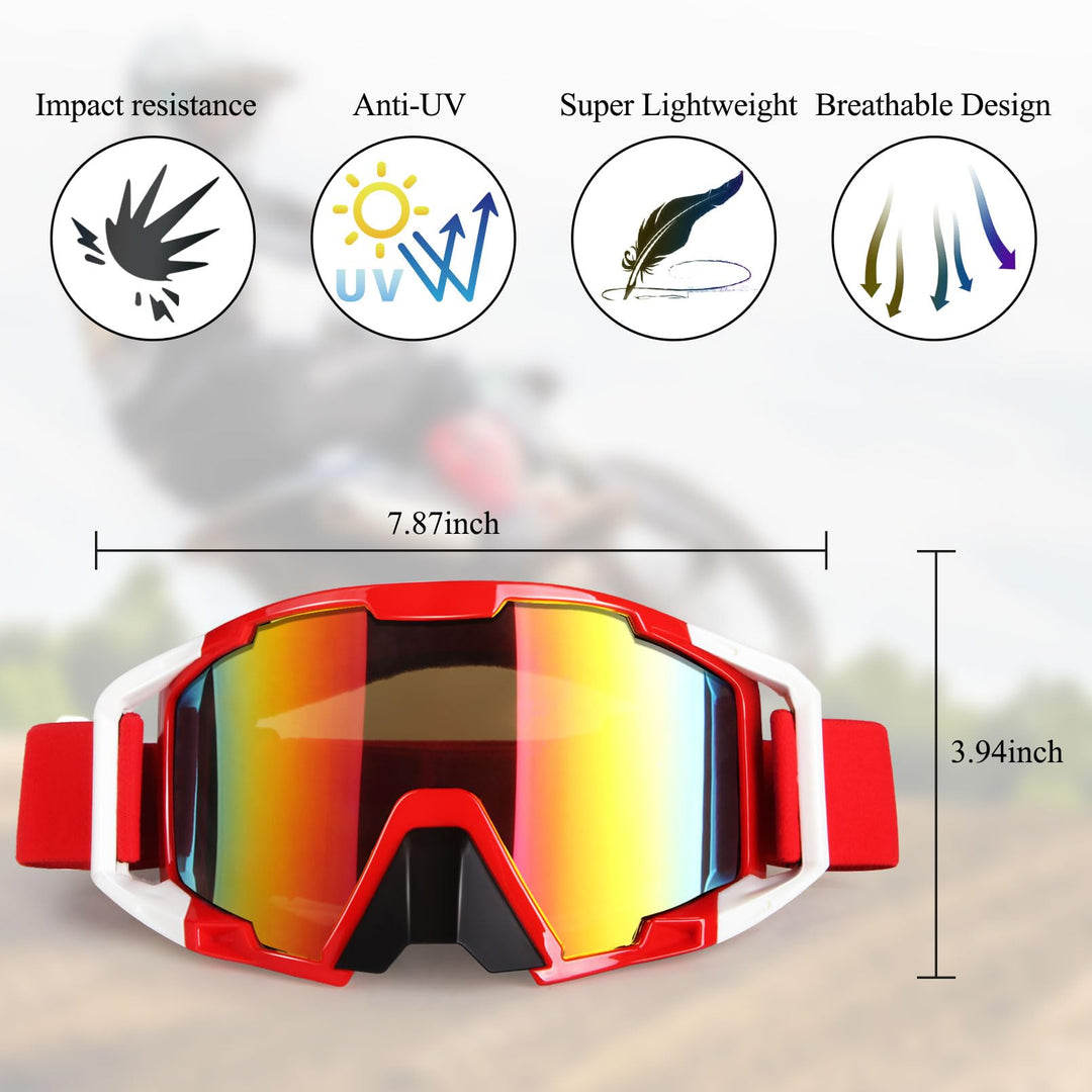 ATV Goggles Dirt Bike Goggles Motorcycle Motocross Goggles Wide Vision Glasses Bike Riding Goggles Ski Goggle UV400 Anti-Fog Scratch Windproof Dustproof for Men Women Youth Kids Colorful Lens