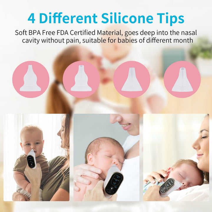 Nasal Aspirator for Baby, Electric Nose Sucker with Warm Light, Low Noise Nose Cleaner, USB Rechargeable, 3 Suction Levels, Contain 4 x Silicone Tips, 1 x Nasal Spray Boottle, 1 x Tweezers