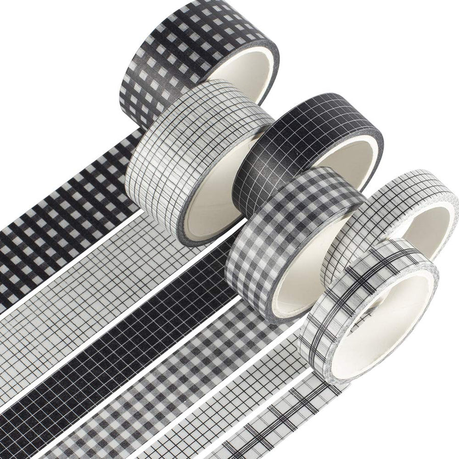 6 Roll Washi Tape Set VSCO Decorative Tape for DIY Crafts, Journals, Planners, Scrapbooking, Wrapping (Black)