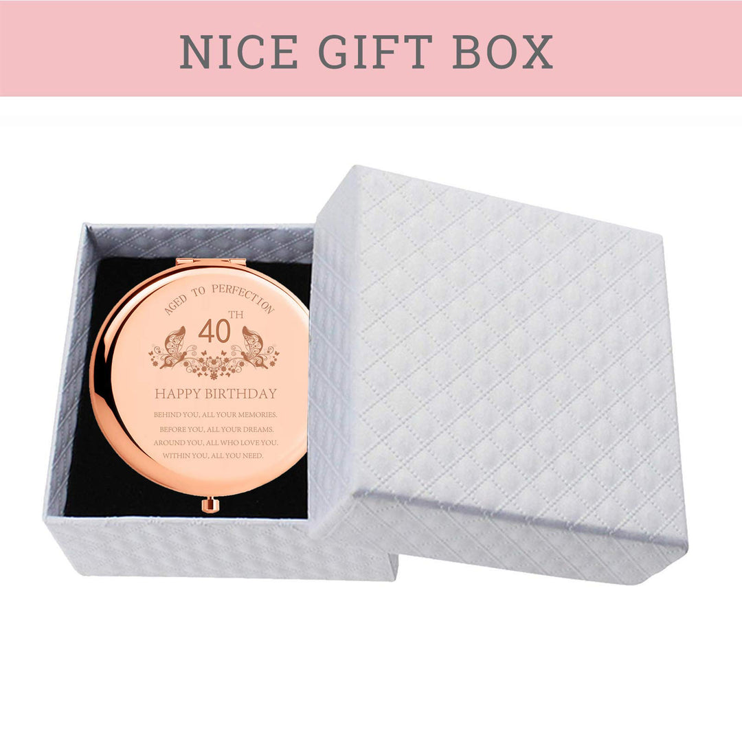 40th Birthday Gift for Mom Stainless Steel Portable Compact Makeup Mirror Behind You All Your Memories Presents with Gift Box Engraved Cosmetic Mirror for Aunt Wife Coworker Rose Gold