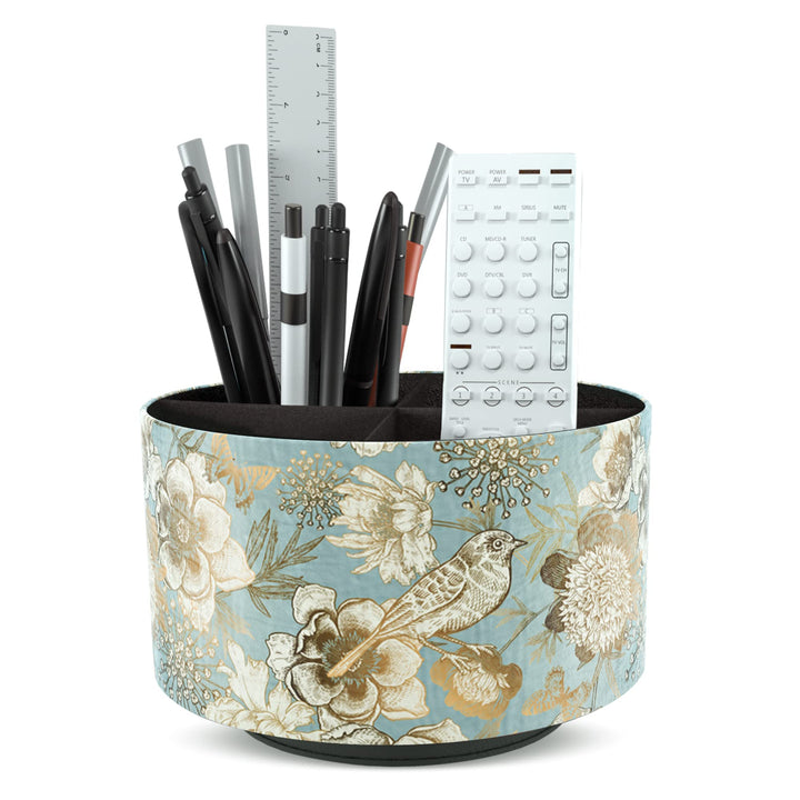 Round Leather Art Supply Organizer,Remote Control Holder,360 Degree Rotating,Multi-Functional Pencil Holder,4 Compartments Desktop Stationary Organizer(1-Blue Bird)