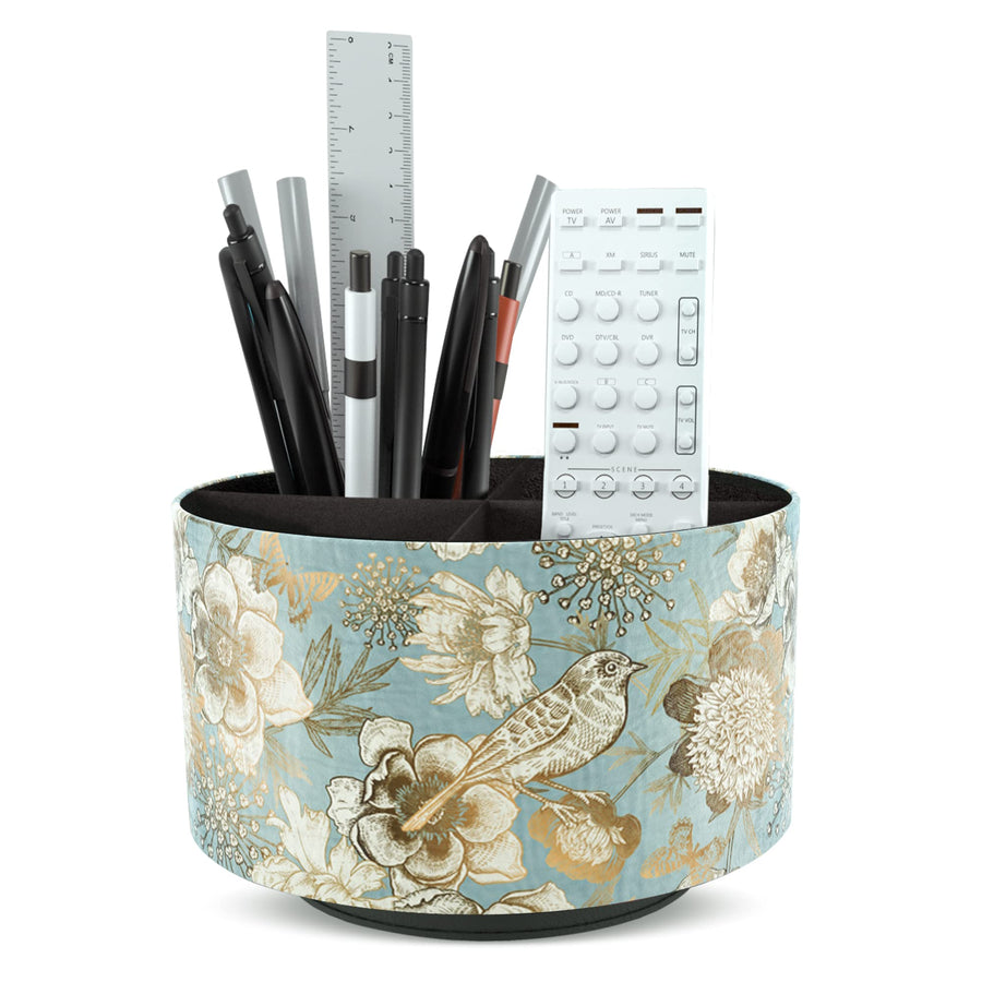 Round Leather Art Supply Organizer,Remote Control Holder,360 Degree Rotating,Multi-Functional Pencil Holder,4 Compartments Desktop Stationary Organizer(1-Blue Bird)