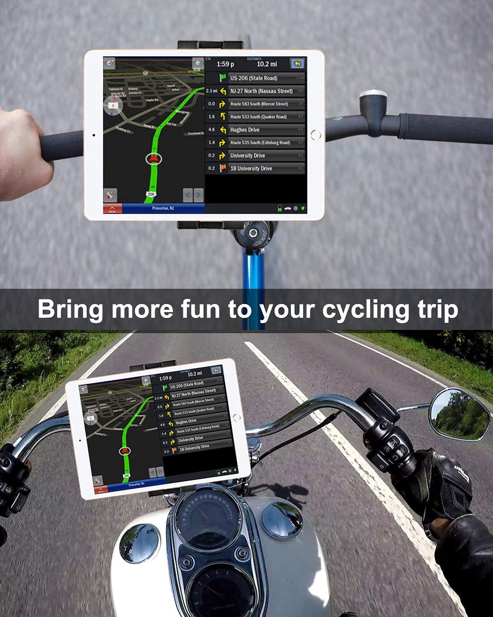 Bike Tablet Mount, Motorcycle Bicycle Tablet Holder, Cycling Handlebar Tablet Clamp with 360 Rotation for iPad Pro/Air/Mini, iPhone, Samsung Galaxy Tabs, More 4.7-13 Cellphones and Tablets
