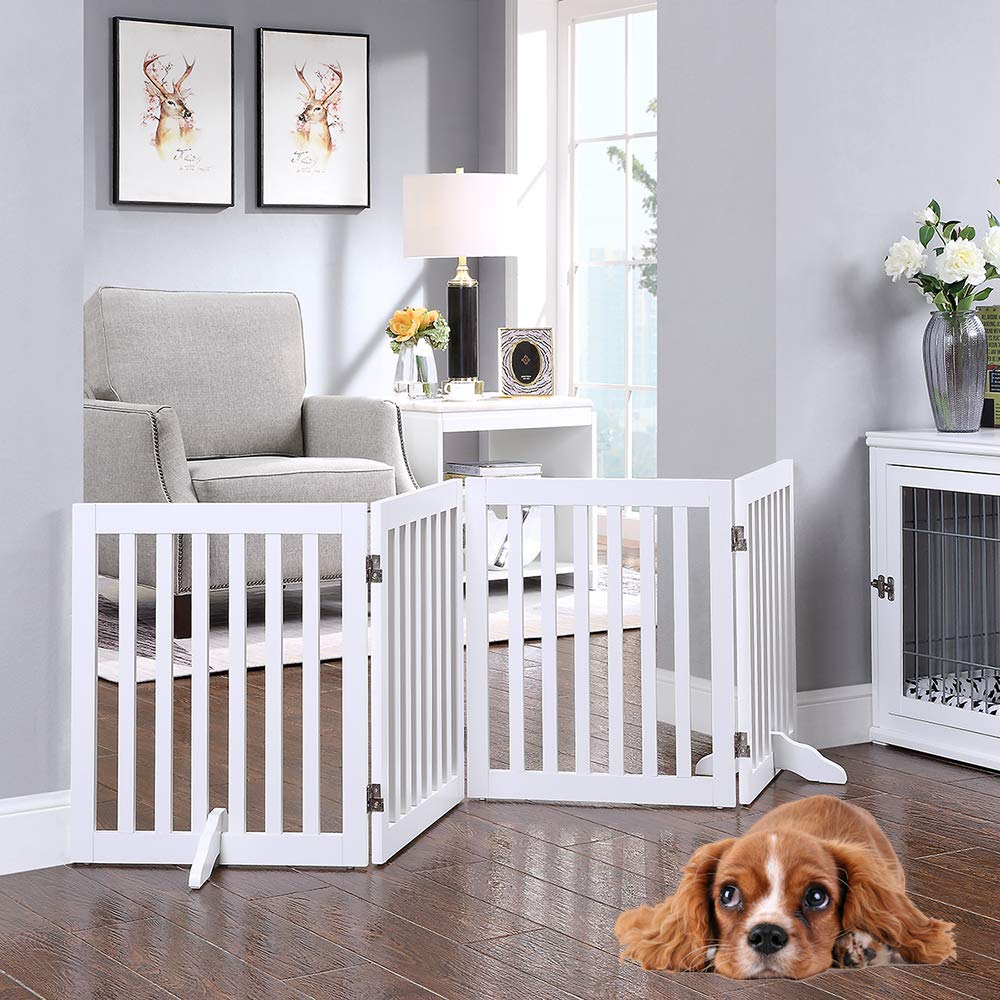 24”H Free Standing Pet Gate for Dog Cat, Wooden Dog Gates for Doorway, Stairs, Step Over Foldable Pet Fence for The House, Expandable Dog Barrier, Indoor Use, White
