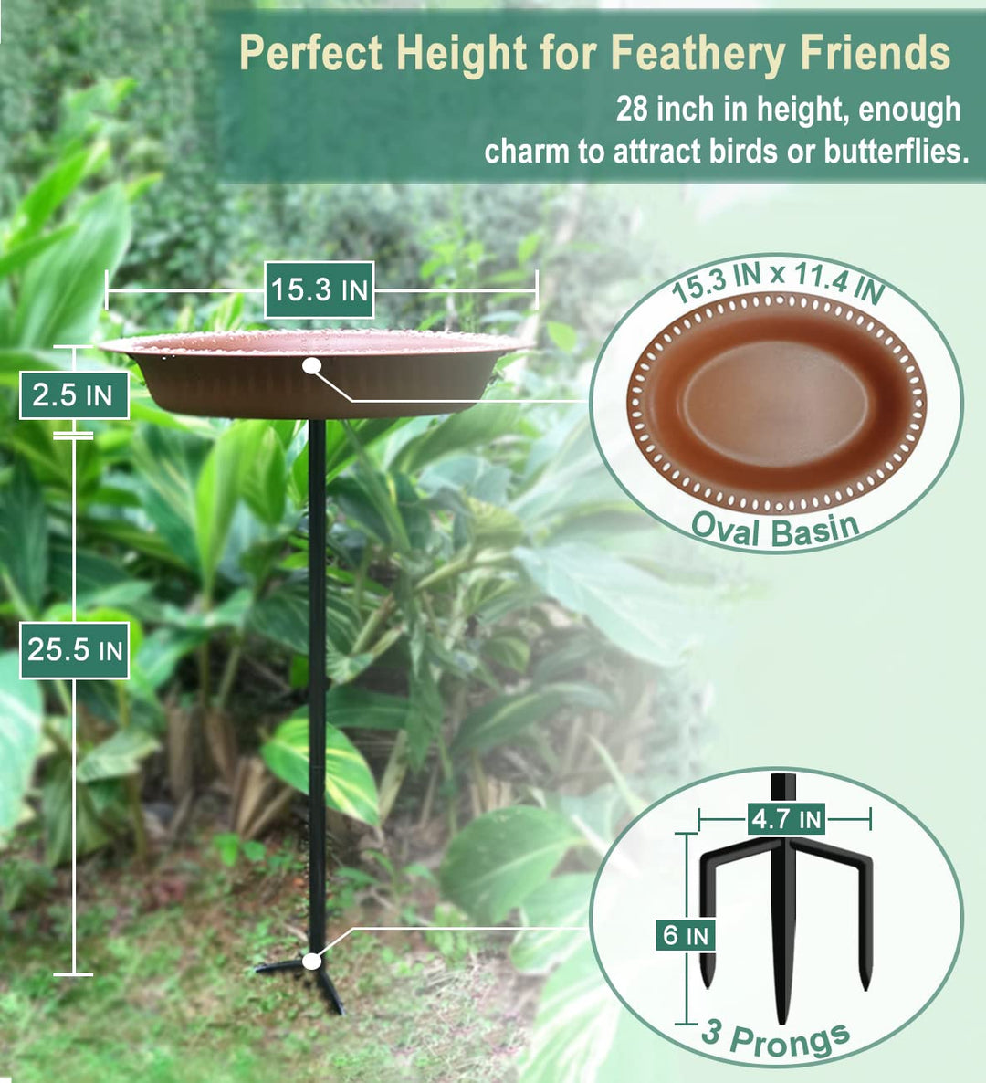 28 inch Lightweight Birdbaths Antique Decoration Detachable Birdfeeder & Bird Bath for Outdoor Garden, Oblong Chocolate