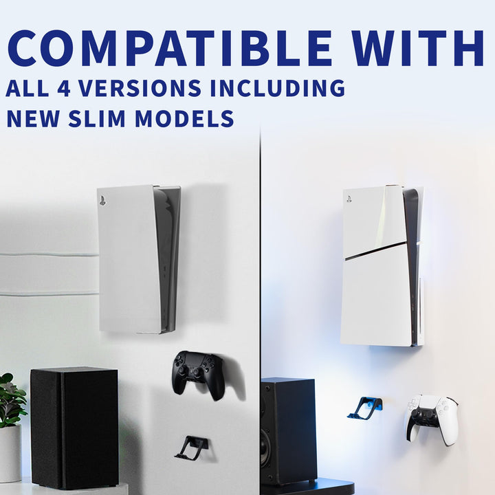 Steel Wall Mount Bracket Designed for PS5 Gaming Console, Vertical Display for PlayStation 5, Open Design, 2 Controller Mounts, Black, MOUNT-PS5B
