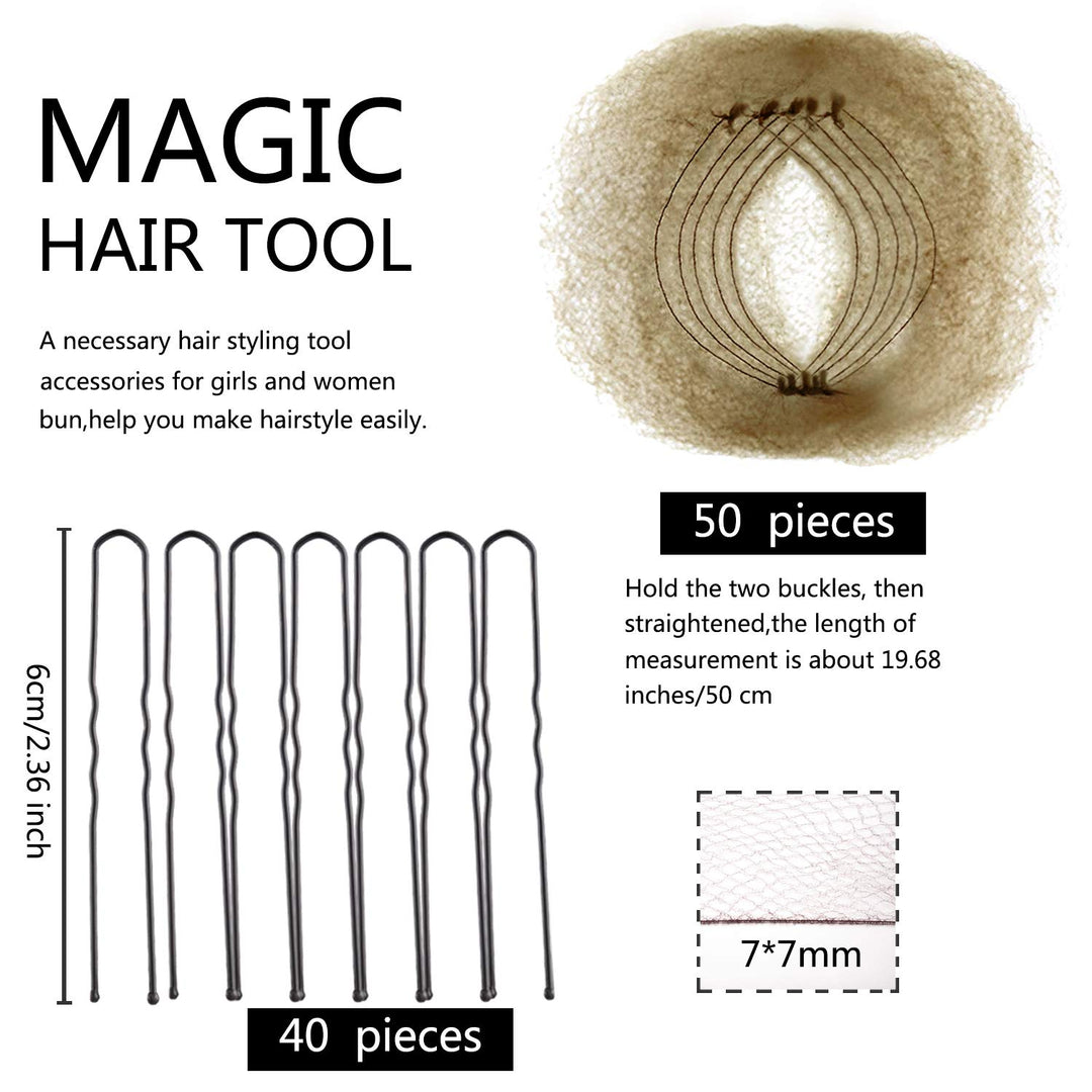 Hair Nets Invisible Elastic Edge Mesh and U Shaped Pins Set, 50 Pieces 50cm Individual Package Invisible Hair Nets, 40 Pieces U Shaped Pins for Women Bun (Light Linen)