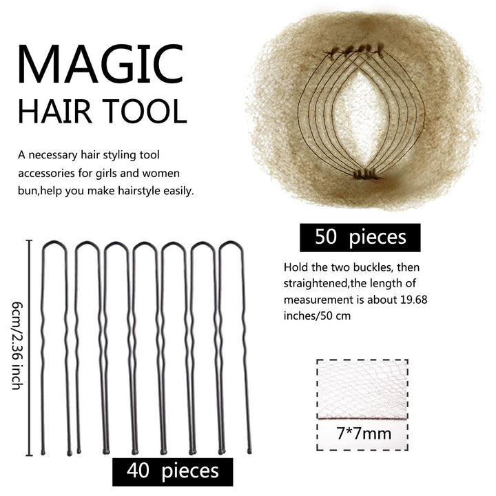 Hair Nets Invisible Elastic Edge Mesh and U Shaped Pins Set, 50 Pieces 50cm Individual Package Invisible Hair Nets, 40 Pieces U Shaped Pins for Women Bun (Light Linen)