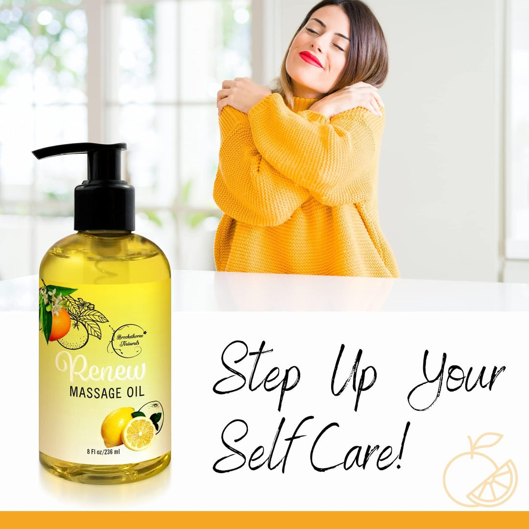 Renew Massage Oil with Orange, Lemon & Peppermint Essential Oils - Great for Massage Therapy or Home use. Ideal for Full Body – with Almond, Grapeseed & Jojoba Oils –