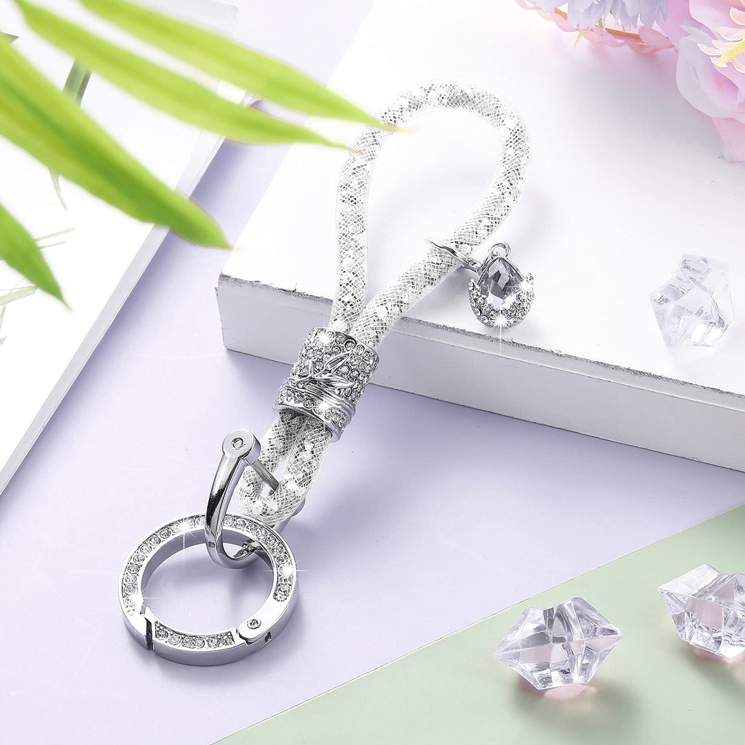 Crystal Bling Car Keychain for Women Glitter Rhinestone Strap Key Fob Fashionable Accessories for Car Key, Decorations DIY Crafts (White,1 Piece)