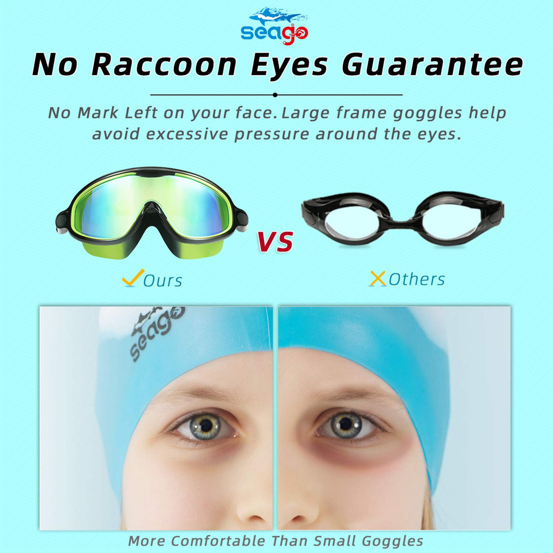 Swim Goggles 2 Pack Anti-Fog Anti-UV Wide View UV Protection, Adjustable Swimming Goggles for Kids 3-15, Light Blue & Black, Green