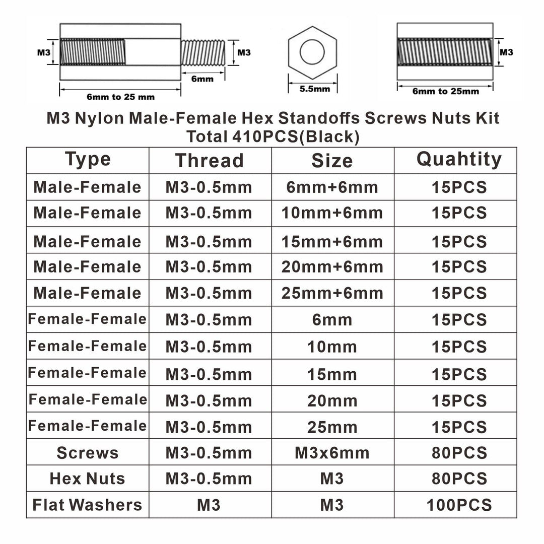 410PCS M3 Nylon Male-Female Hex Standoffs Spacers Screws Nuts Flat Washers Assortment Kit (Black)
