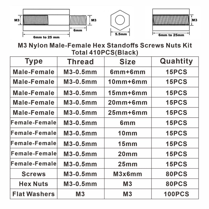 410PCS M3 Nylon Male-Female Hex Standoffs Spacers Screws Nuts Flat Washers Assortment Kit (Black)