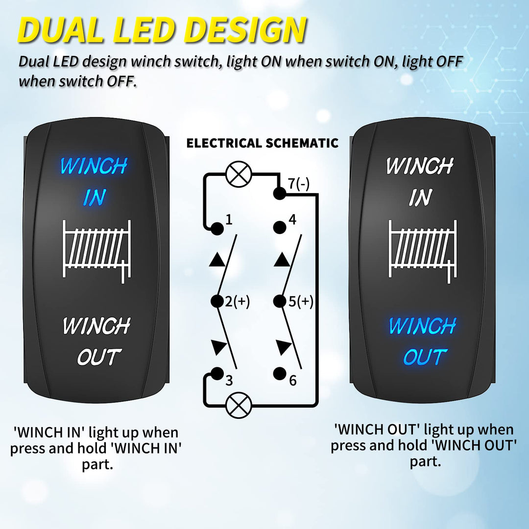 Joinfworld Winch Switch Winch in Winch Out Momentary ON/Off/ON 7 Pin Winch Rocker Switch Toggle 3 Way 20A 12V 10A 24V DC Waterproof Blue for ATV UTV Polaris Automotive Marine Boat, DR-A11L27GBL/LJ56