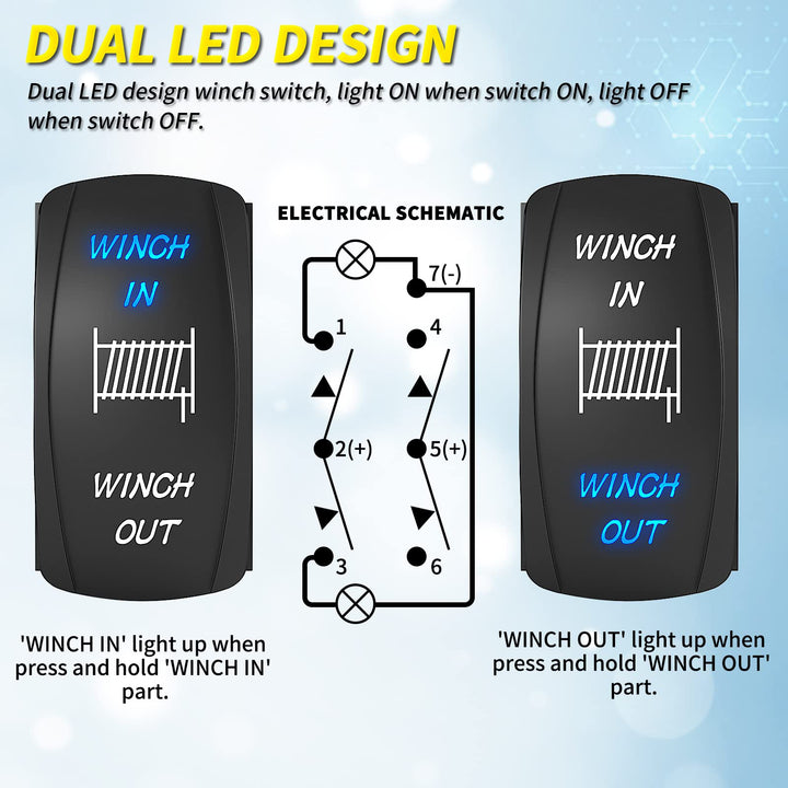 Joinfworld Winch Switch Winch in Winch Out Momentary ON/Off/ON 7 Pin Winch Rocker Switch Toggle 3 Way 20A 12V 10A 24V DC Waterproof Blue for ATV UTV Polaris Automotive Marine Boat, DR-A11L27GBL/LJ56