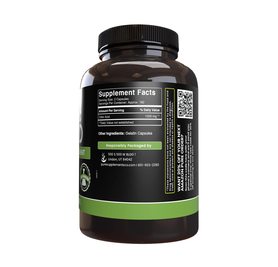 Pure Original Ingredients Citric Acid (365 Capsules) No Magnesium Or Rice Fillers, Always Pure, Lab Verified