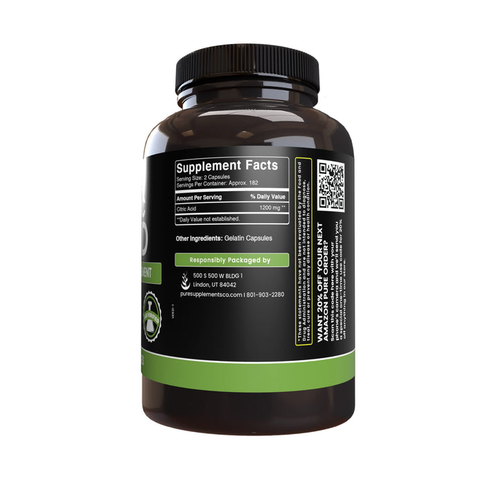Pure Original Ingredients Citric Acid (365 Capsules) No Magnesium Or Rice Fillers, Always Pure, Lab Verified