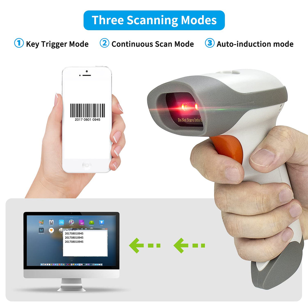 Bluetooth 2D Barcode Scanner, 3 in 1 Automatic Wireless QR Barcode Reader USB Image Code Scanner for Store, Warehouse POS, Computer, Tablet, iPad, iPhone, Android