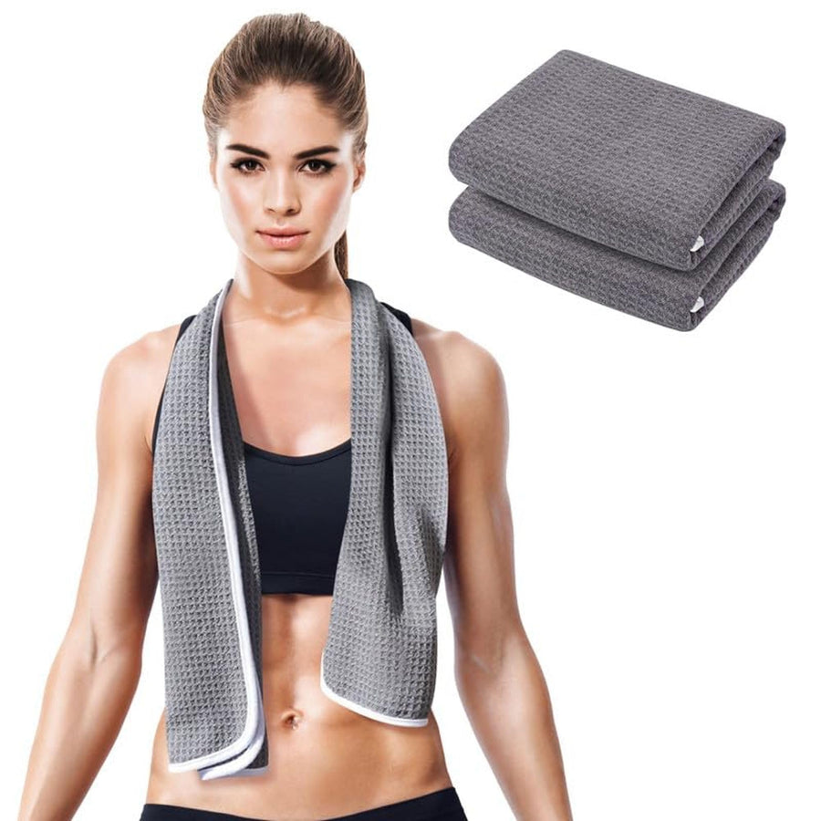 Gym Towels for Sweat 44 x 16.5 (2 Pack) - Absorbent Waffle Fabric Texture Yoga Towel for Gym, Sports, and Exercise - Odor-Free, and Lightweight - for Men and Women - Grey