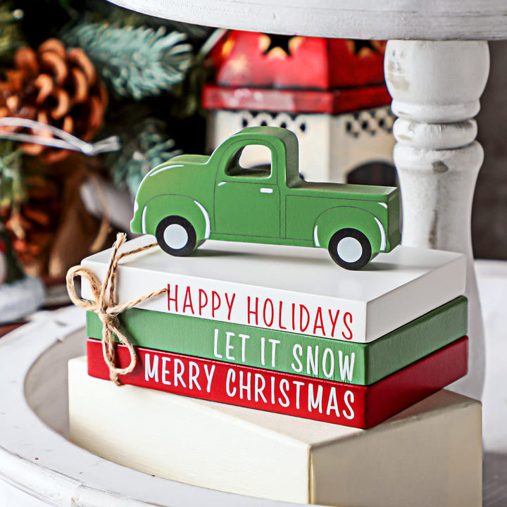 4 Pcs Christmas Tiered Tray Decor Red Truck Christmas Decor Mini Faux Book Decor Christmas Truck Gift Farmhouse Christmas Decoration Christmas Truck Signs for Christmas Home Table Decor