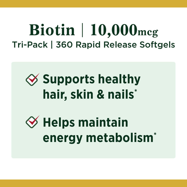 Nature's Bounty Biotin 10,000mcg, Supports Beautiful Hair, Glowing Skin and Healthy Nails, Rapid Release Softgels, 120 Count (Pack of 3)