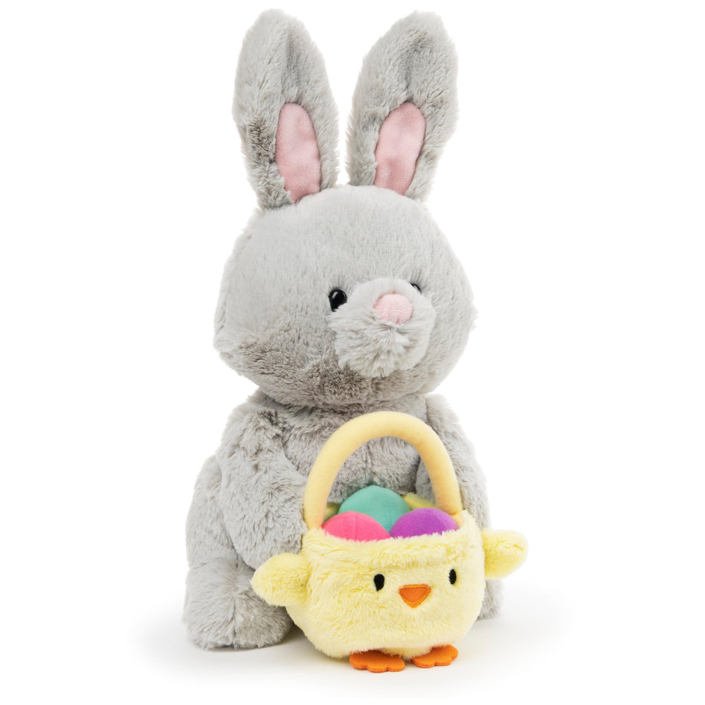 Amazon Exclusive Easter Bunny with Basket and Easter Eggs, Easter Decorations, Bunny Stuffed Animal for Ages 1 and Up, Gray, 10
