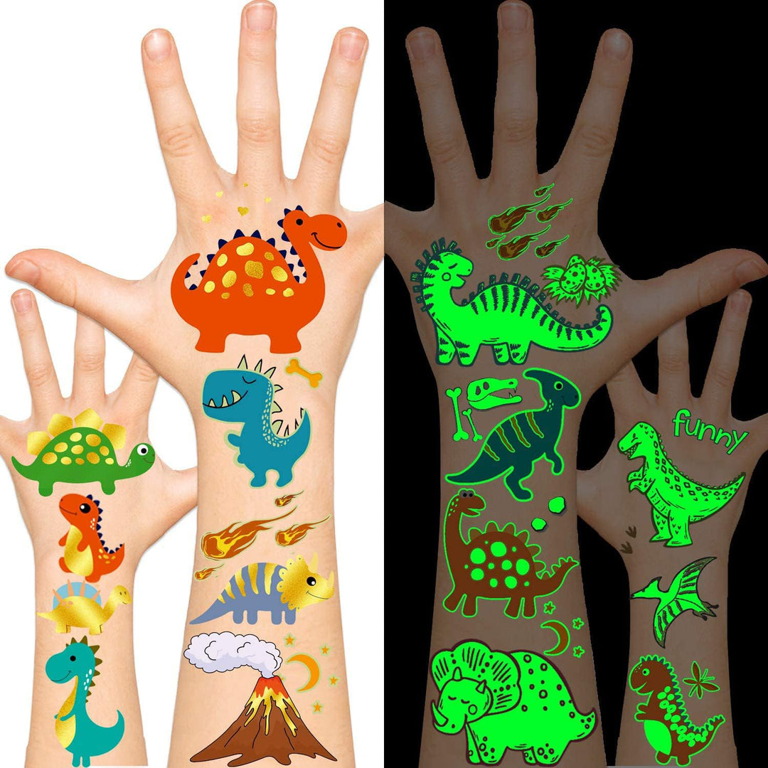 Dinosaur Temporary Tattoos for Kids, Dinosaur Stickers, Dinosaur Birthday Party Supplies Decorations (37 Styles Glow + Metallic Glitter)