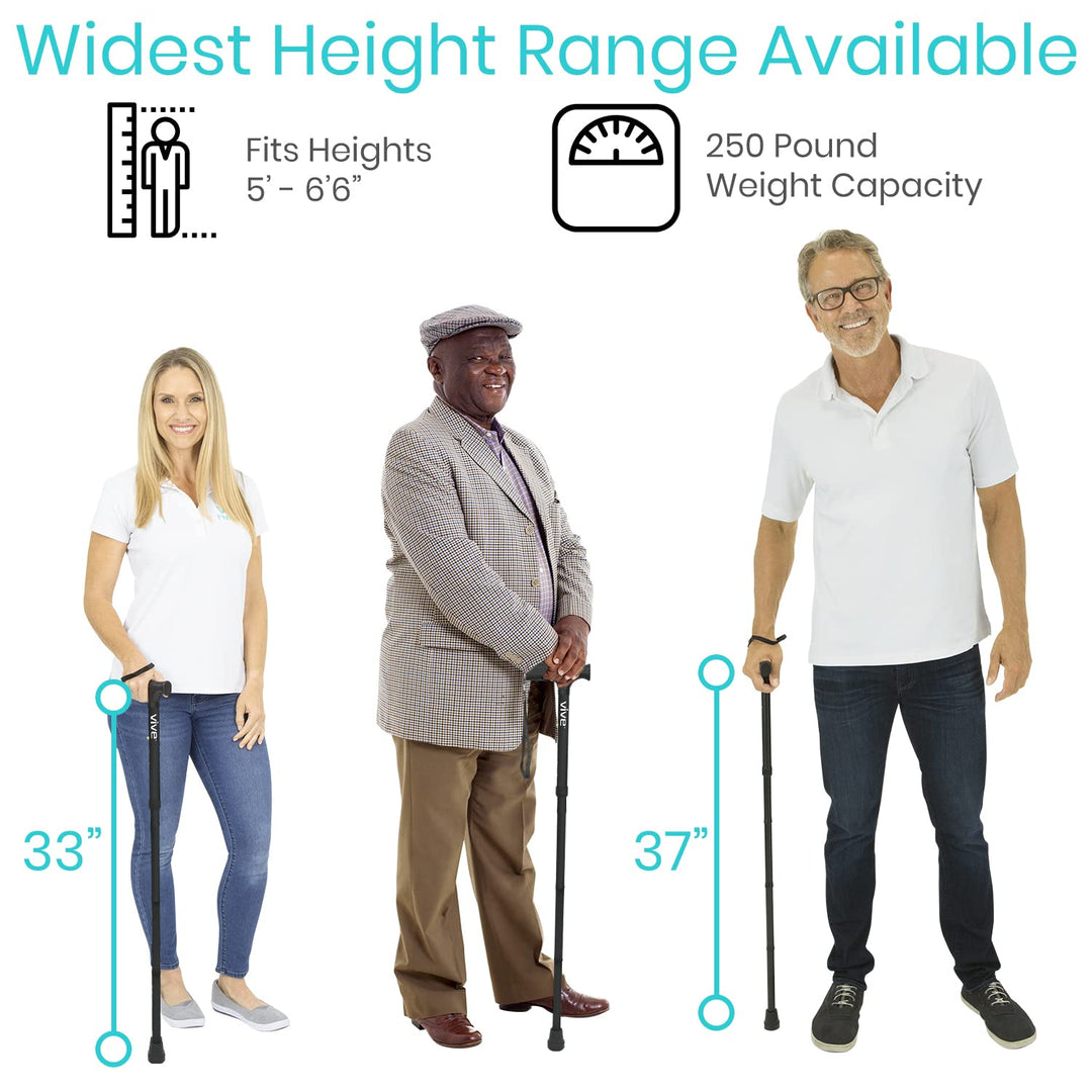 Foldable Walking Cane for Men, Women - Collapsible, Lightweight, Adjustable, Portable Hand Walking Stick - Balancing Mobility Aid - Sleek, Comfortable T Handles (Black)