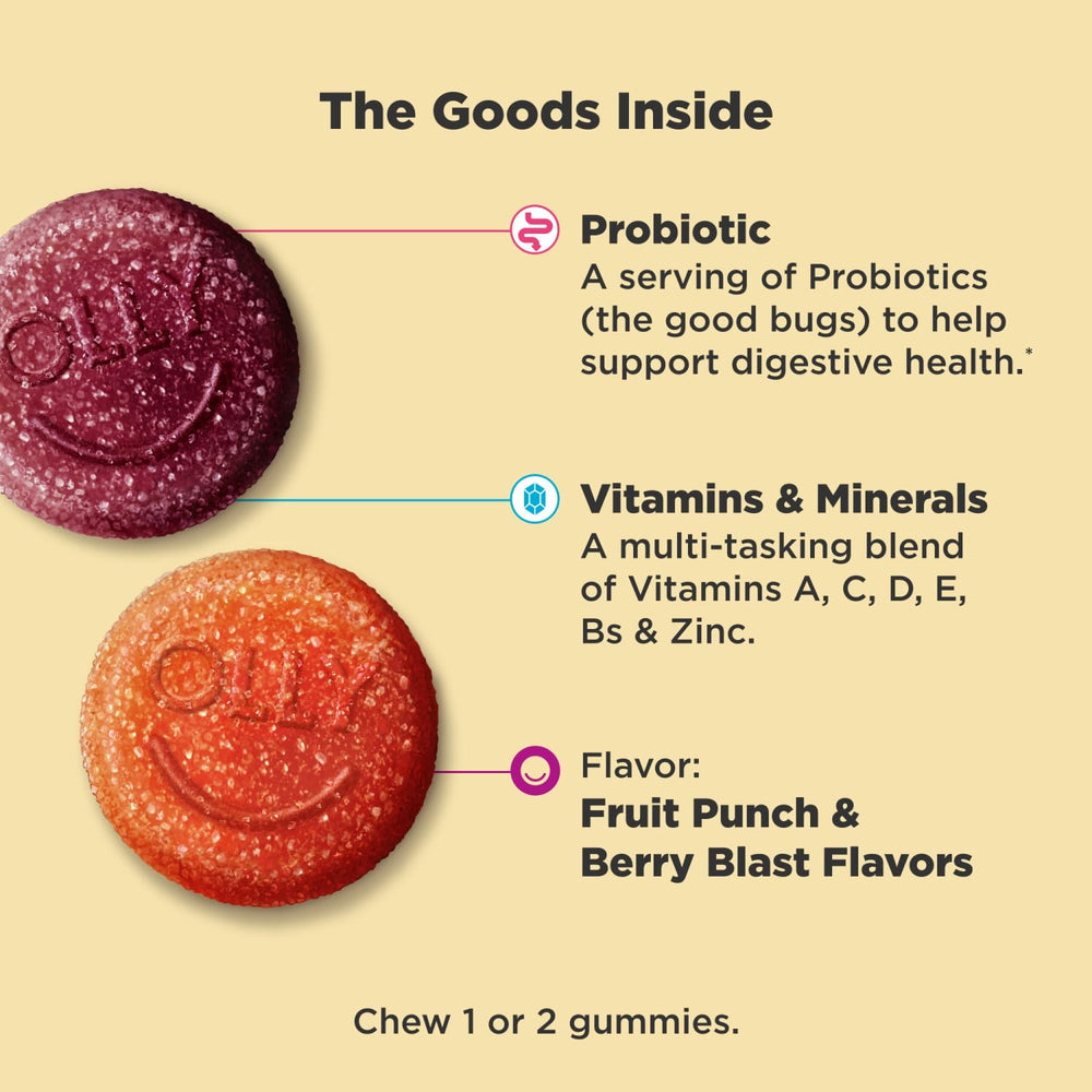 Kids Multivitamin & Probiotic Gummy, Digestive Support, Vitamins A, D, C, E, B, Zinc, Chewable Supplement, Berry Flavor, 35 Day Supply - 70 Count
