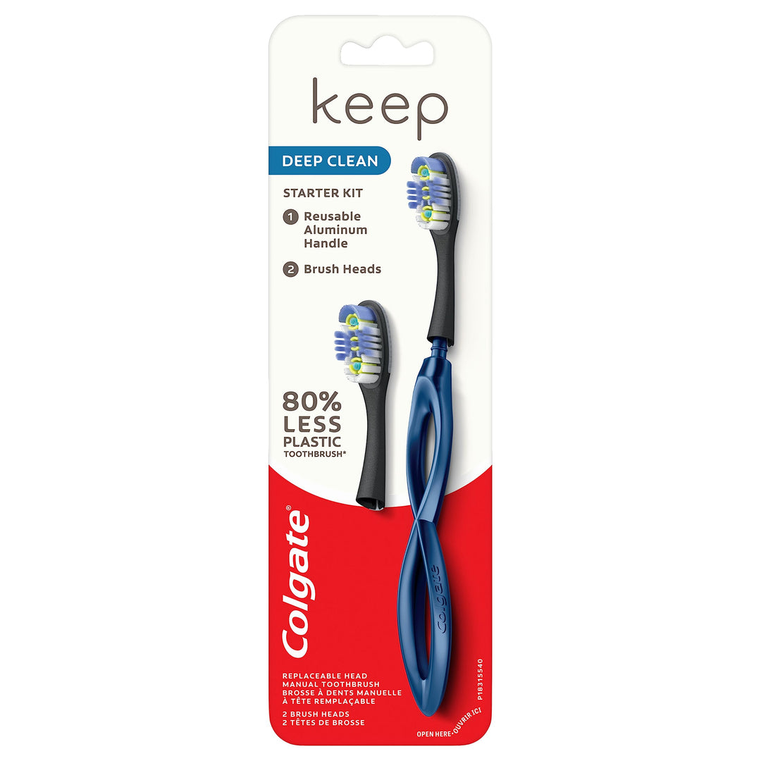 Keep Soft Manual Toothbrush for Adults with 2 Deep Clean Floss Tip Brush Heads, Silver