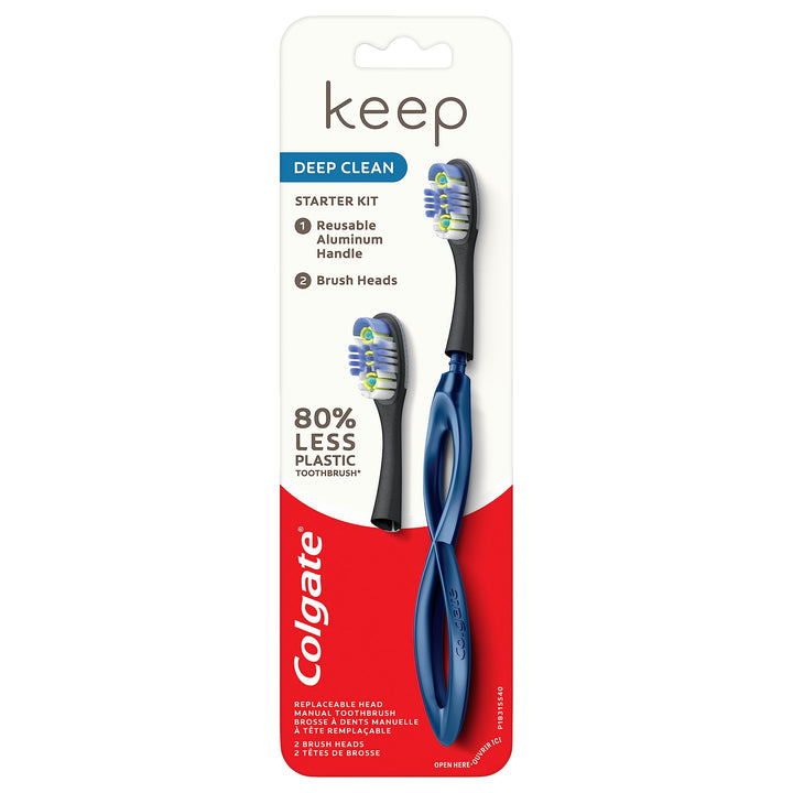 Keep Soft Manual Toothbrush for Adults with 2 Deep Clean Floss Tip Brush Heads, Silver