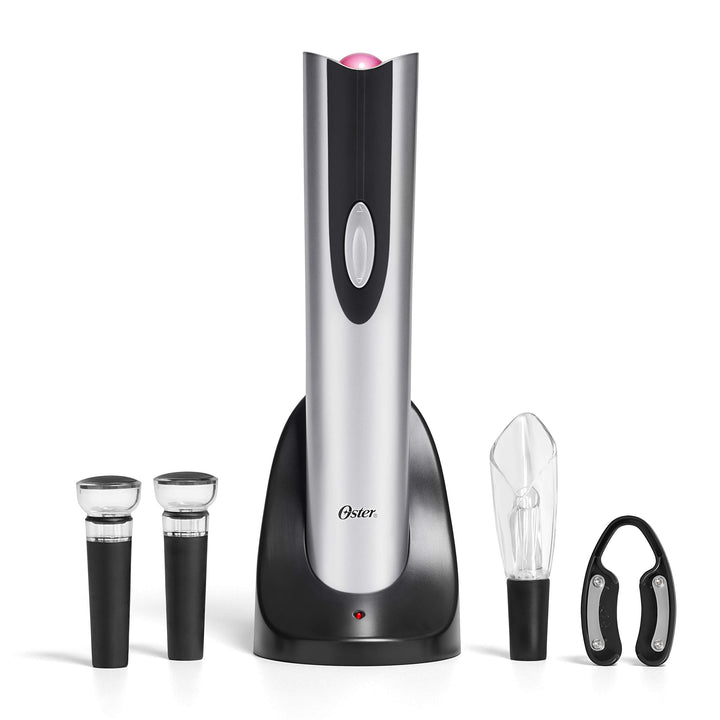 Electric Wine Opener, Foil Cutter, Wine Pourer and Vacuum Wine Stoppers with CorkScrew and Charging Base, Black