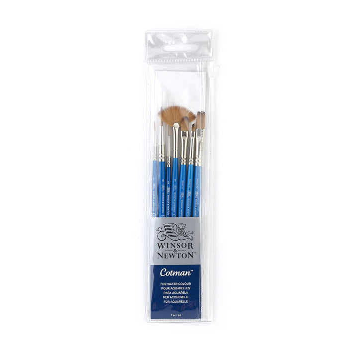 Winsor & Newton Cotman Short Handle Brushes, Set of 7, (Round 1 & 6, Rigger 2, Filbert 1/4, One Stroke 3/8, Angled 1/8, Fan 2)