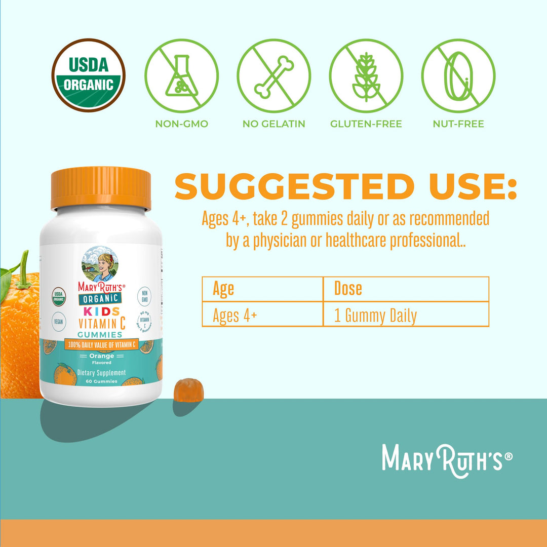 Kids Vitamin C Gummies | Supplement for Immune Support & Overall Health | Vitamin C for Kids Ages 4+ | USDA Organic | Vegan | Non-GMO | 60 Servings