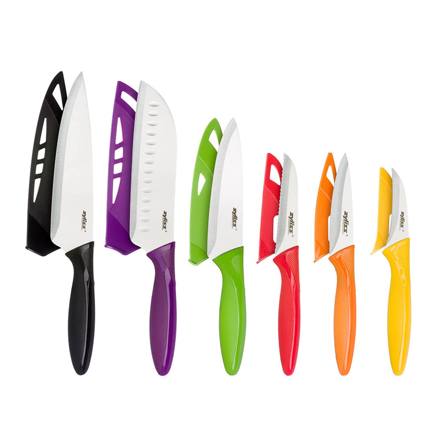 6 Piece Knife Value Set - Gifts for Cooks - Culinary Chef Gift - Kitchen Knife Set with Sheath Covers - Chef's, Santoku, Utility, Serrated Paring, Paring & Peeling Knives - Stainless Steel