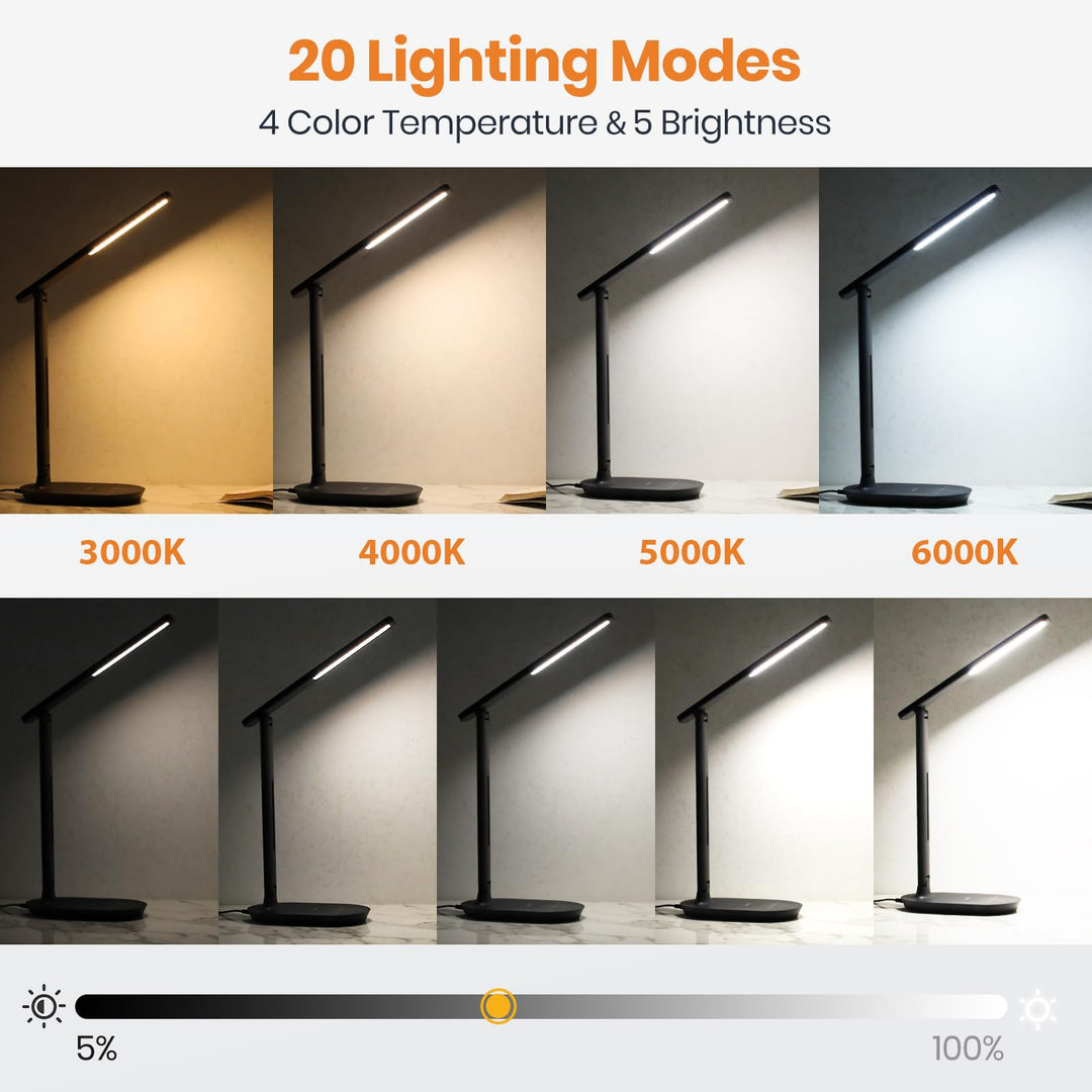 Desk Lamp, Dimmable Eye-Protecting Table Lamps with Night Light, USB Charging Port, 4 Color Temperature Modes, 5 Brightness Levels, 1H Timer, Touch Control for Home Office Bedroom