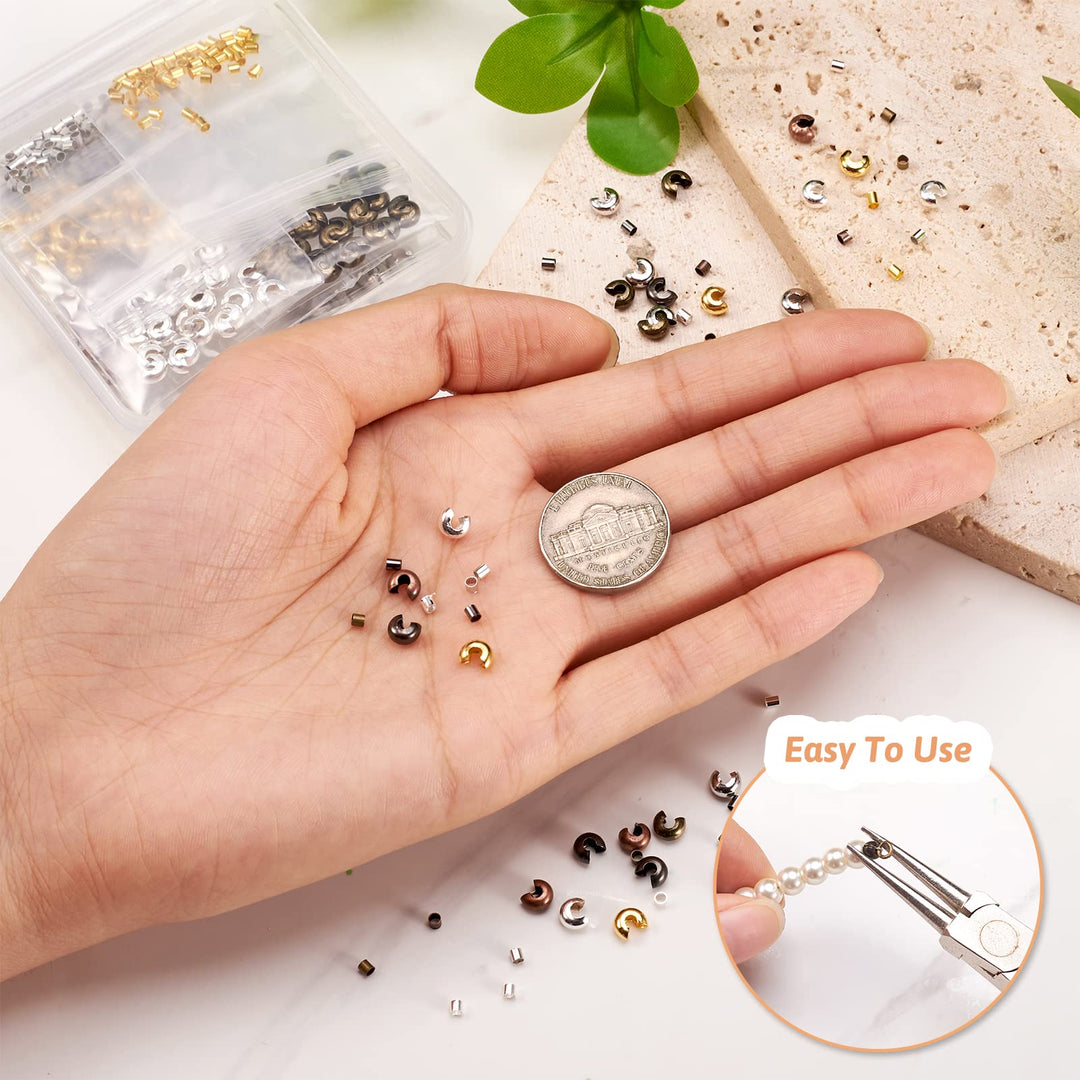 Pandahall 6 Color Column 2x2mm Tiny Brass Tube Crimp Beads and 4x3mm Brass Crimp Knot Covers for Jewelry Making (540pcs/box)