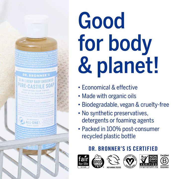 Dr. Bronner's - Pure-Castile Liquid Soap (Baby Unscented, 4 Ounce) - Made with Organic Oils, 18-in-1 Uses: Face, Hair, Laundry, Dishes, For Sensitive Skin, Babies, No Added Fragrance, Vegan, Non-GMO