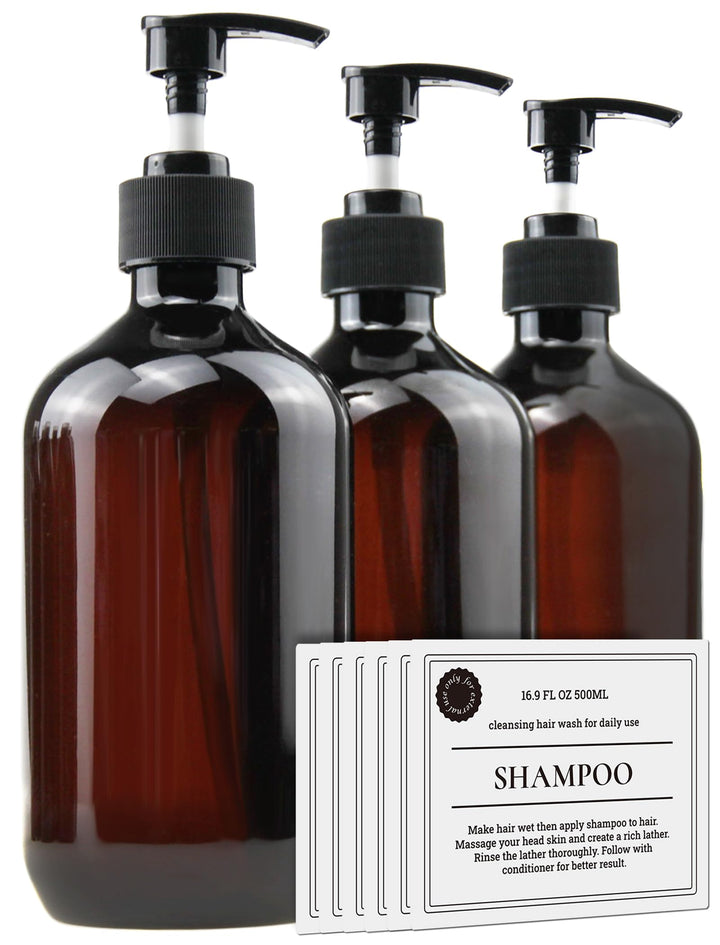 Empty Plastic Bottles with Pump Dispenser and Labels Included, Refillable Travel Containers for Hand sanitizer Shampoo Lotion, etc - BPA/Paraben Free, 500ml/16.9oz (Amber, 3 Pack)