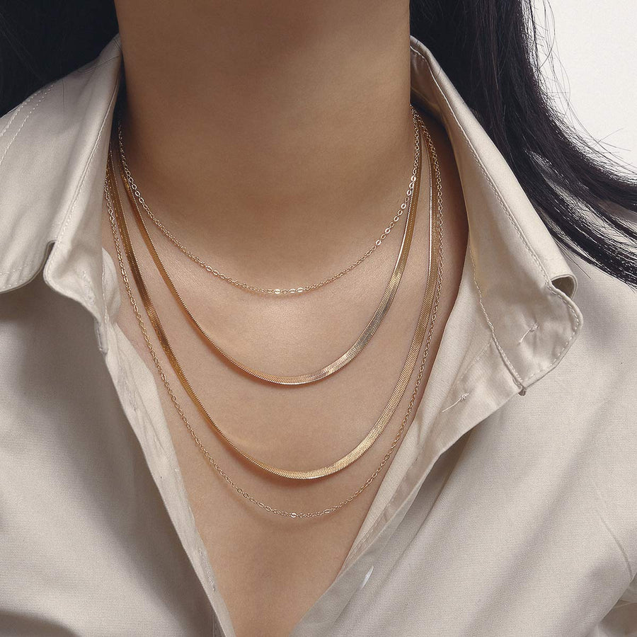 Italian Layered Flat Herringbone Chain Choker Necklace Snake Magic Necklace Prom Party Festival Accessories for Women(Gold)