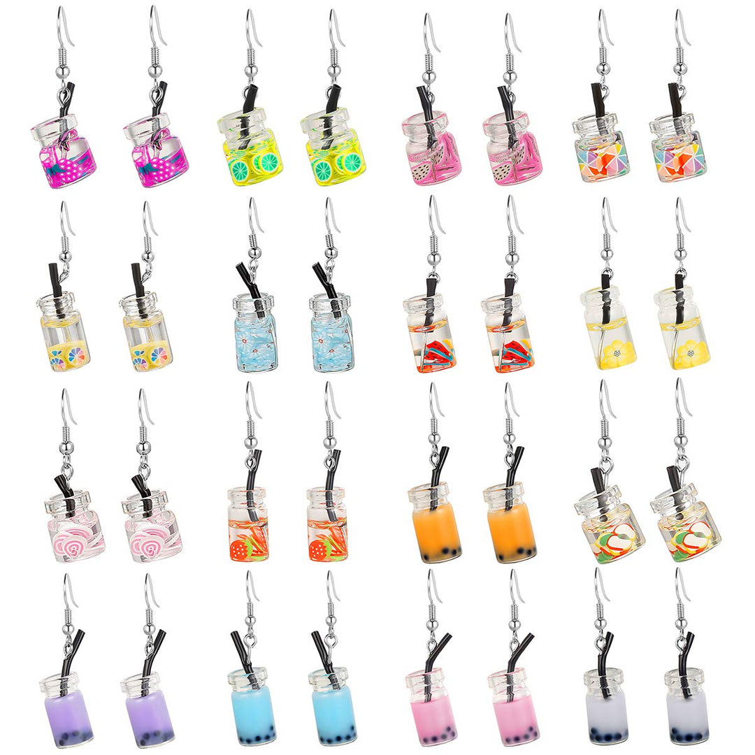 16 Pairs Cute Weird Dangle Earrings for Teen Girls Kawaii Aesthetic Boba Tea Drop Earrings (16 Pairs-A)