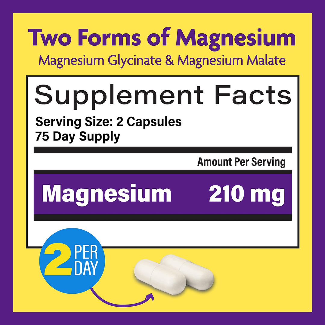 Advanced Magnesium Capsules - 150 Ct, 210 mg - Chelated Magnesium Glycinate and Malate, High Absorption, Promotes Relaxation, Bones, Muscle Health, Vegan Magnesium Malate Sleep Supplement