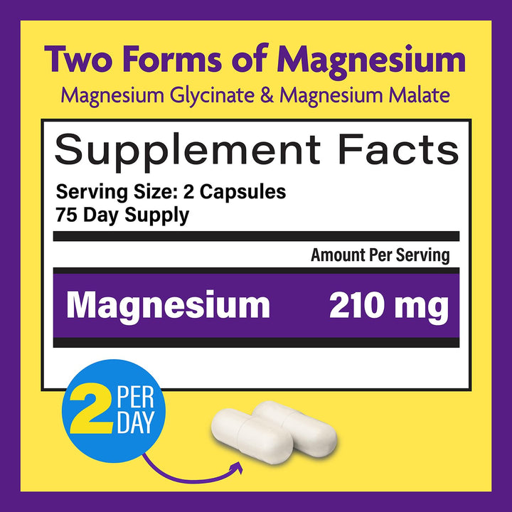 Advanced Magnesium Capsules - 150 Ct, 210 mg - Chelated Magnesium Glycinate and Malate, High Absorption, Promotes Relaxation, Bones, Muscle Health, Vegan Magnesium Malate Sleep Supplement