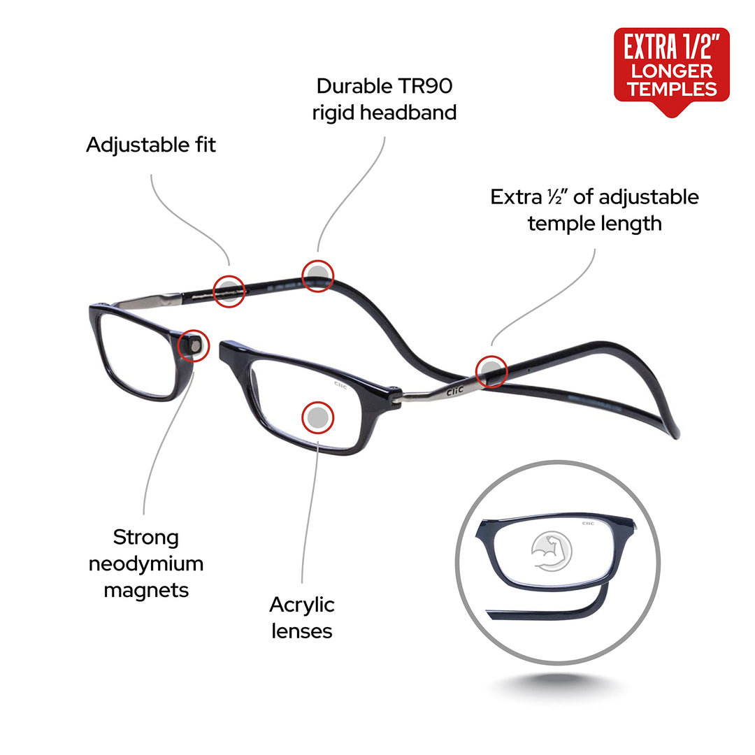 Magnetic Reading Glasses (Long Temples), Computer Readers, Replaceable Lens, Original Long, (Black, 1.25 Magnification)