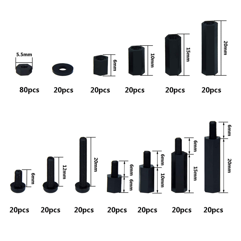 320pcs M3 Nylon Hex Spacer Standoff Kit Male Female Screw Nut Threaded Pillar Hex Standoff PCB Motherboard Circuit Board Standoffs Mounting Hardware Spacer Assortment Kit (Black)